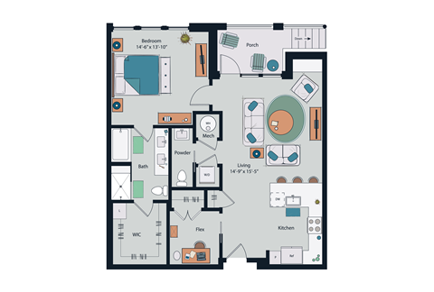 Floor plan for 1 bed, 1.5 baths, 1064 sqft